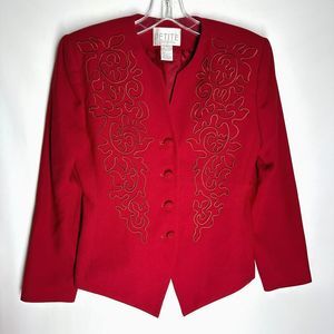 Vintage Petite Sophisticate Womens Blazer Jacket Size 4 Red Embroidered V-Neck